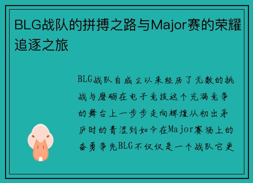 BLG战队的拼搏之路与Major赛的荣耀追逐之旅