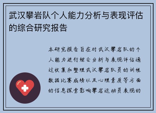 武汉攀岩队个人能力分析与表现评估的综合研究报告