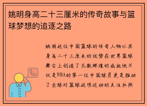 姚明身高二十三厘米的传奇故事与篮球梦想的追逐之路