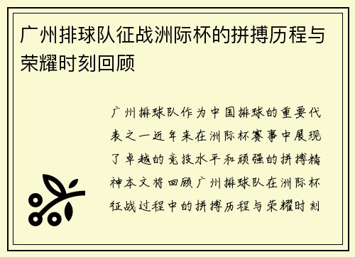 广州排球队征战洲际杯的拼搏历程与荣耀时刻回顾
