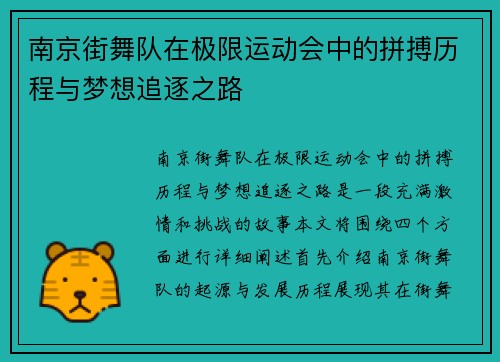 南京街舞队在极限运动会中的拼搏历程与梦想追逐之路