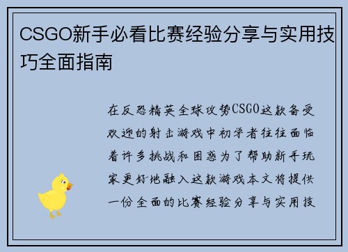 CSGO新手必看比赛经验分享与实用技巧全面指南